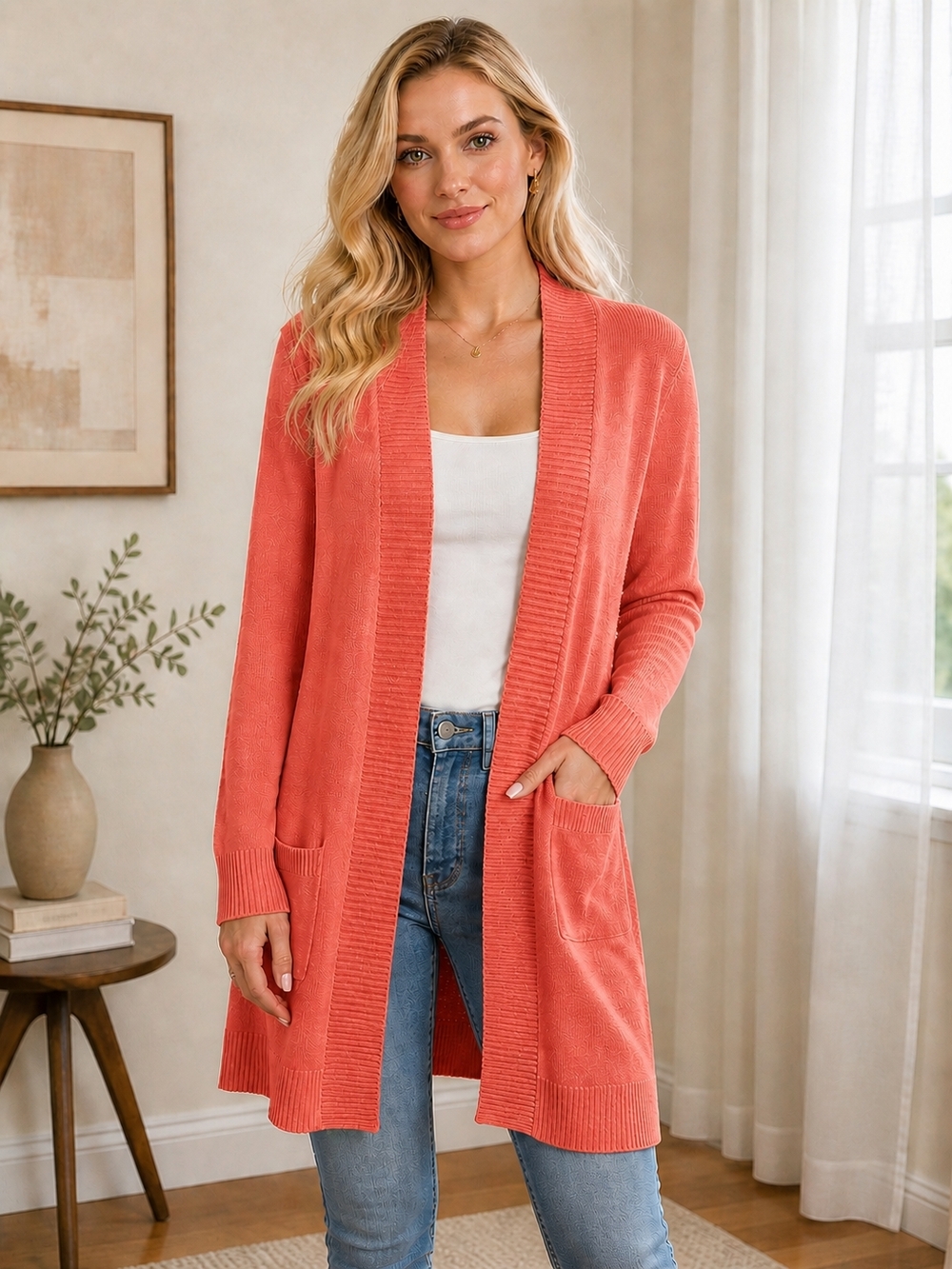 Open-Front Coral Longline Cardigan Sweater - Women's Large